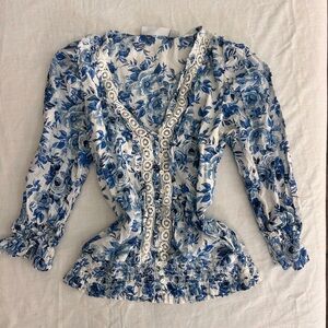 New York & Company Blue Floral Blouse